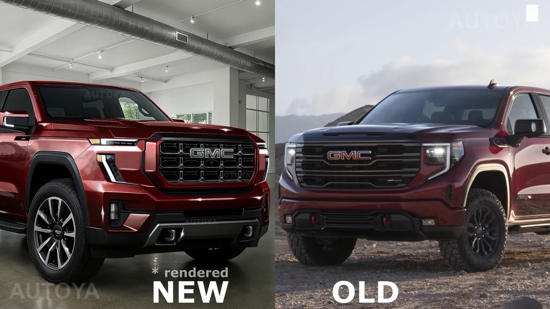 Third-party rendering comparing current and next-generation GMC Sierra