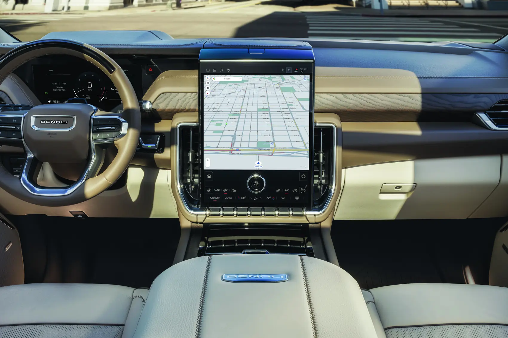 2027 GMC Yukon Denali Teak and Light Shale interior, instrument panel and HVAC controls