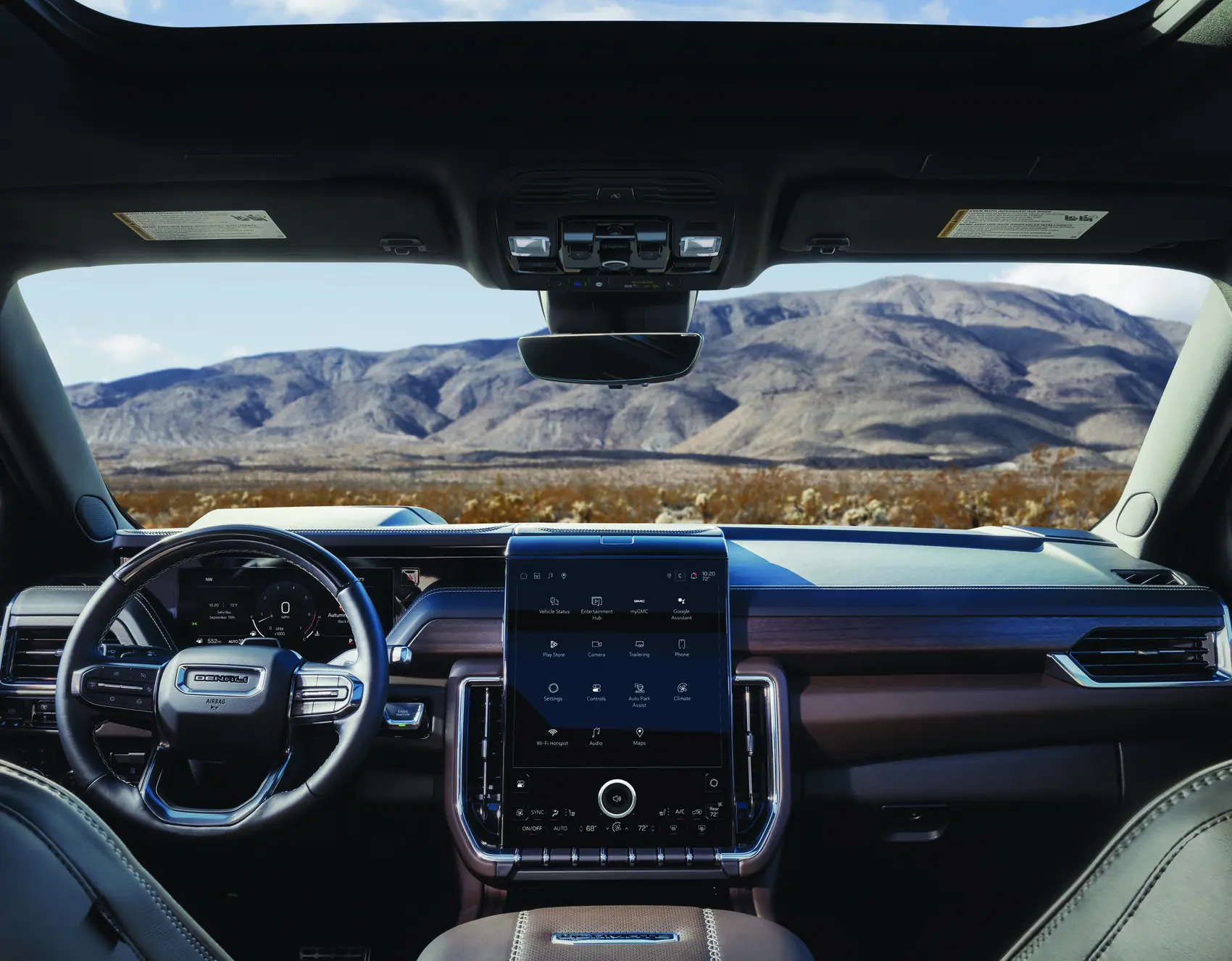 2027 GMC Yukon Denali Woodland Mahogany interior, overhead console and rear view mirror