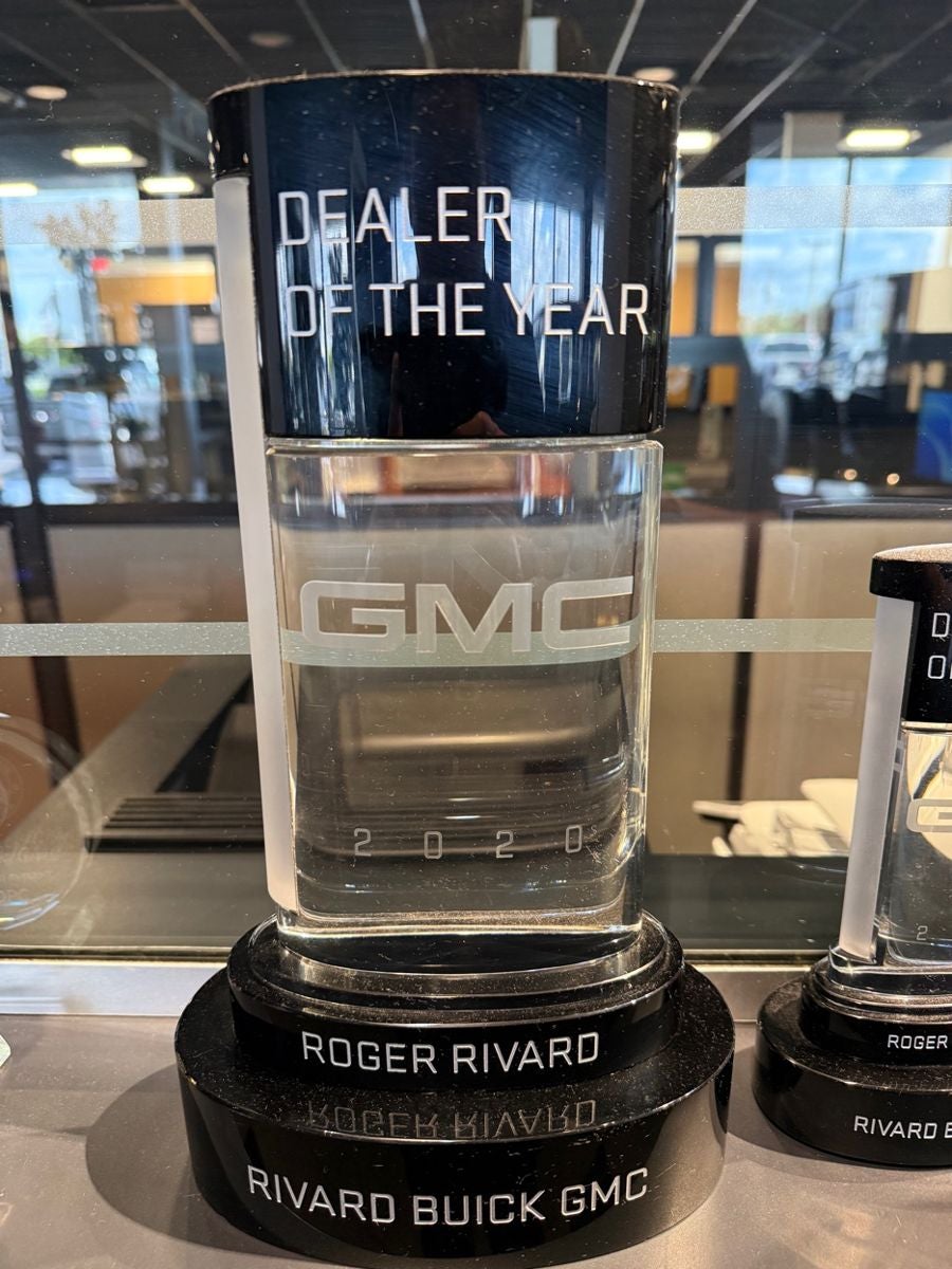 2020 GMC Dealer of the Year trophy engraved to Roger Rivard, Rivard Buick GMC