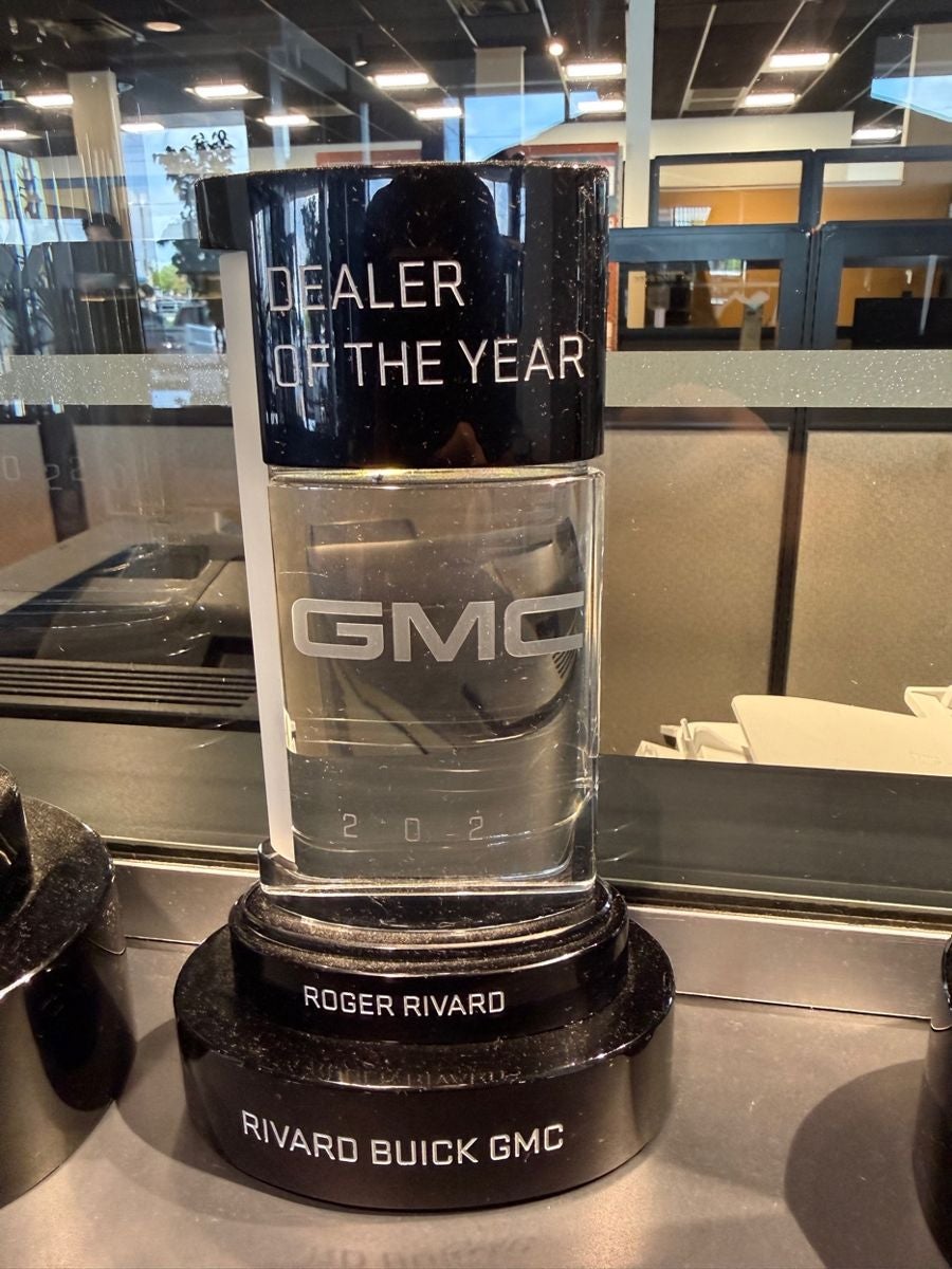 2021 GMC Dealer of the Year trophy engraved to Roger Rivard, Rivard Buick GMC