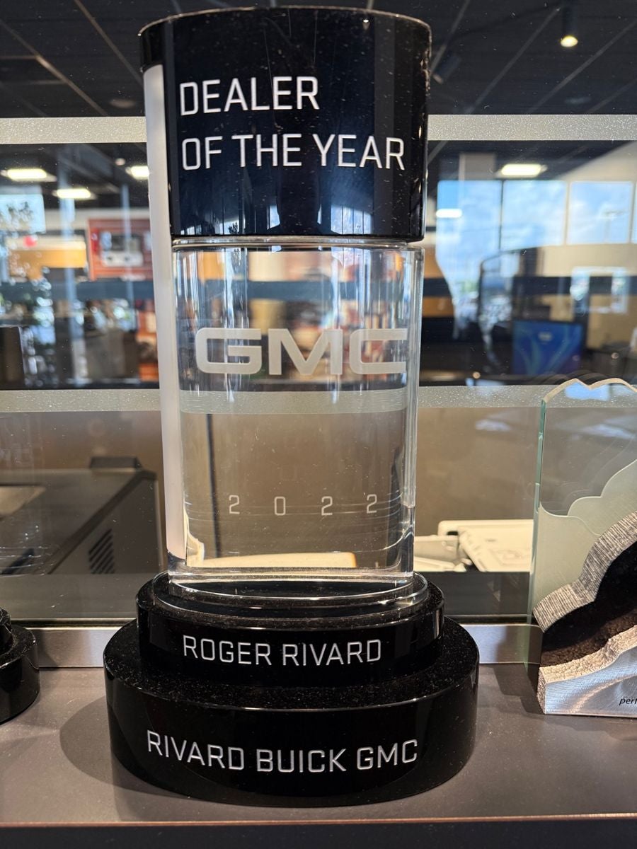 2022 GMC Dealer of the Year trophy engraved to Roger Rivard, Rivard Buick GMC