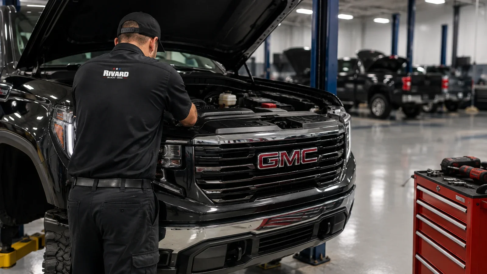 Rivard Buick GMC technician servicing a GMC Sierra in the Tampa service center