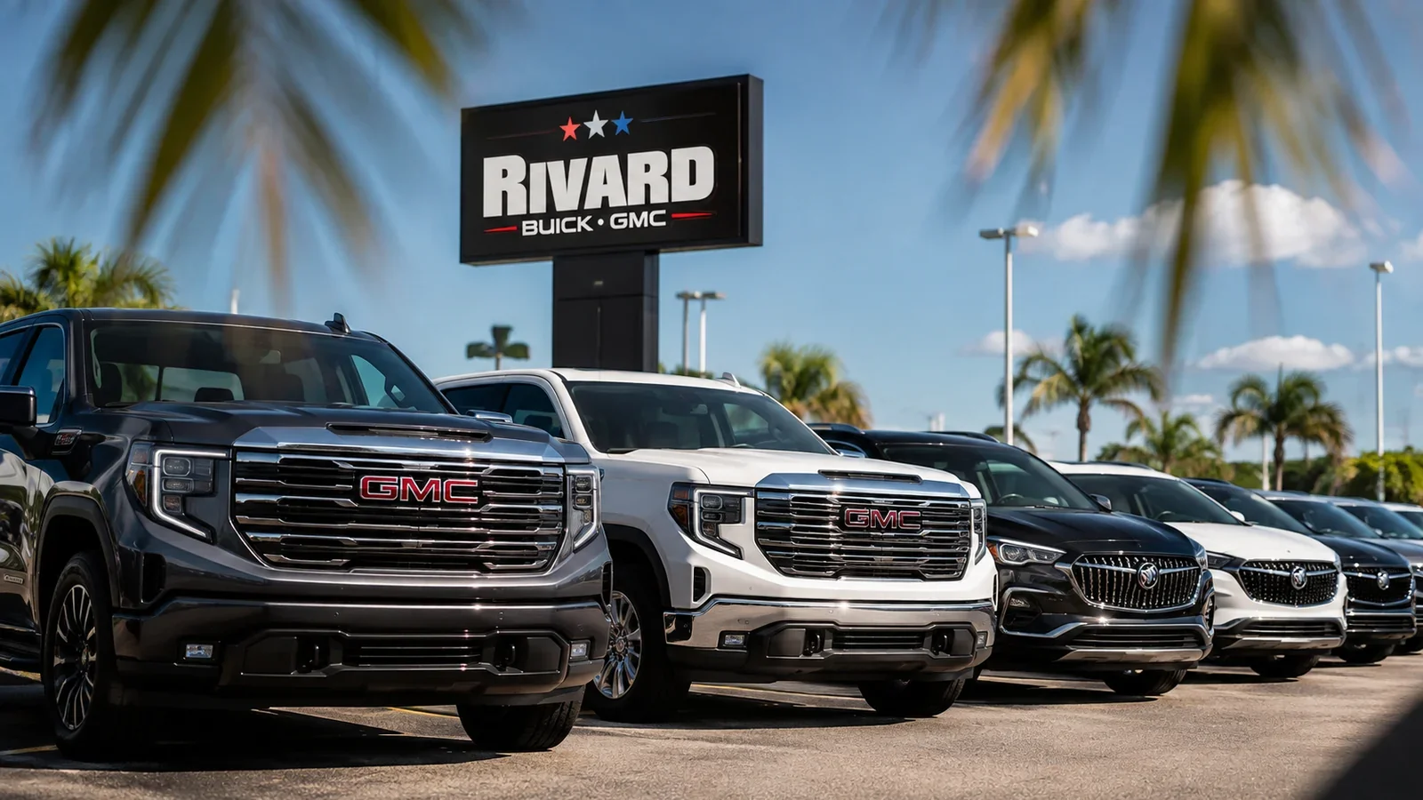 Row of GMC trucks and Buick SUVs on the Rivard Buick GMC lot in Tampa