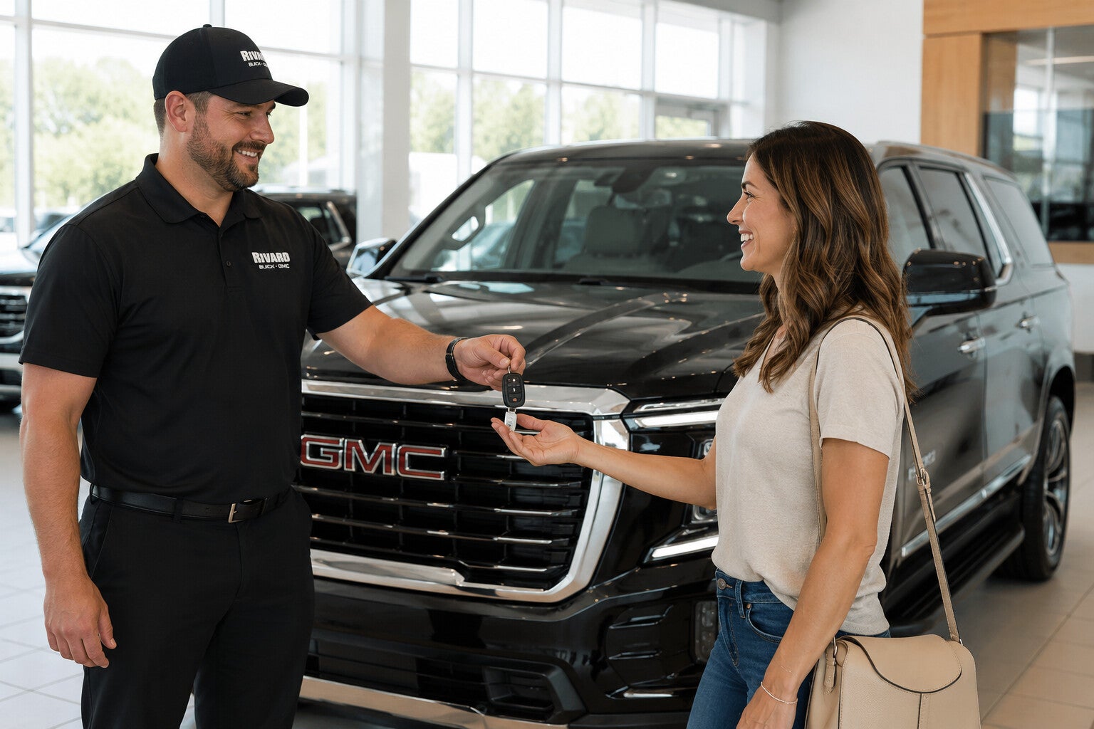 Rivard Buick GMC team member handing keys to a happy new GMC owner in the Tampa showroom