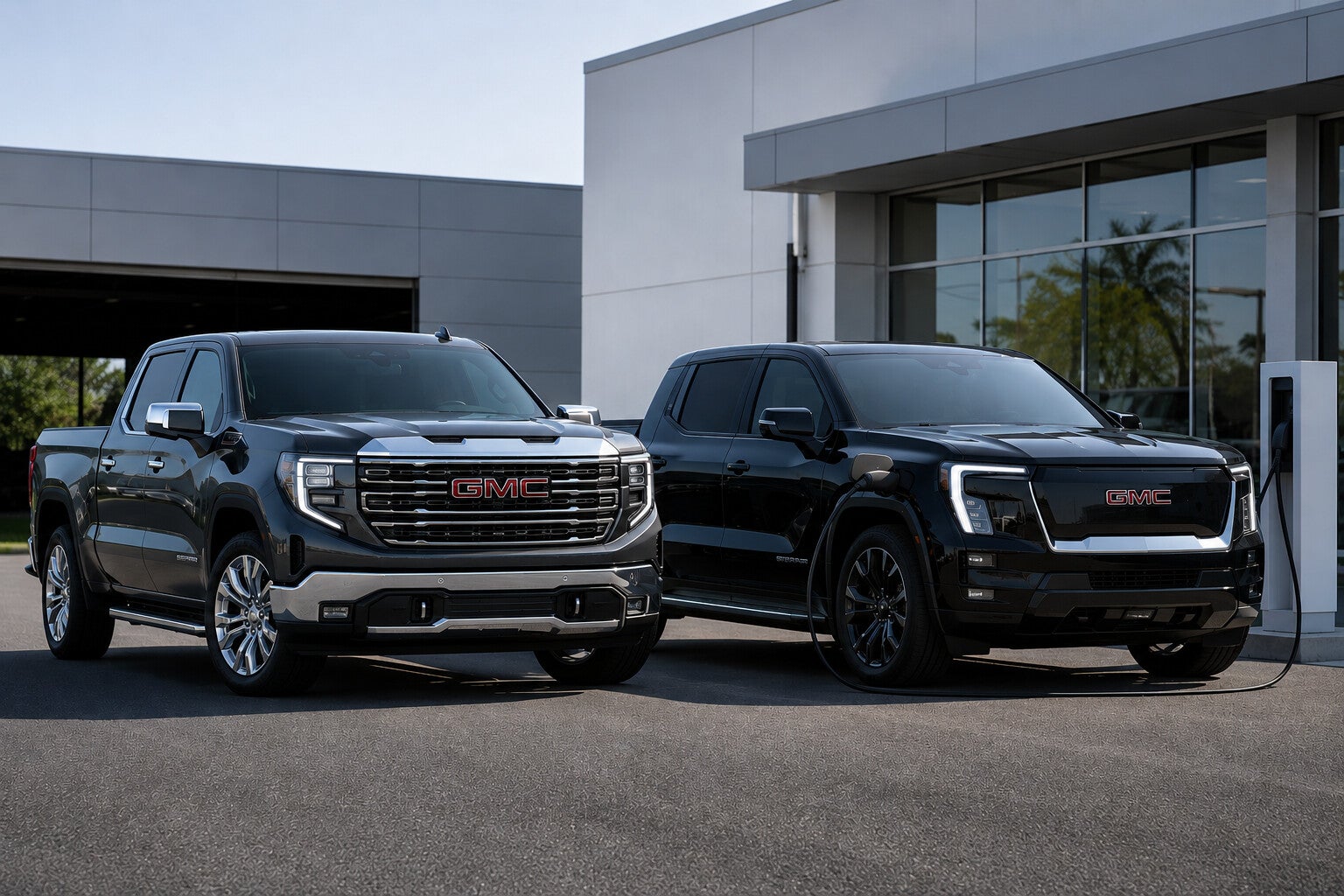 New GMC Sierra gas pickup beside a GMC Sierra EV charging, both eligible for the GM Supplier of the Year incentive at Rivard Buick GMC Tampa