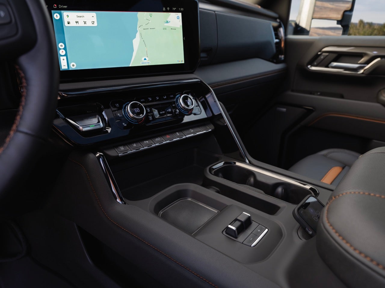 2027 GMC Sierra HD center console and 13.4-inch touchscreen with Google built-in navigation